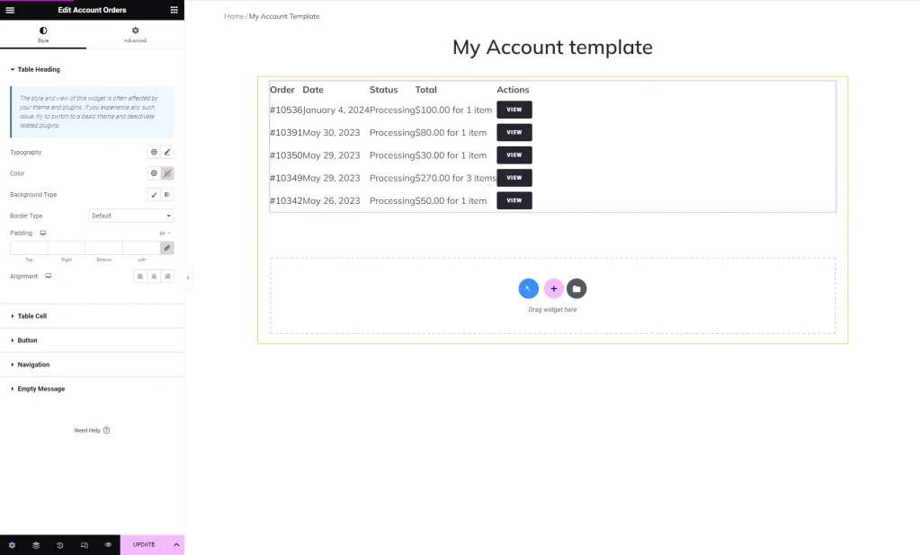 account orders widget