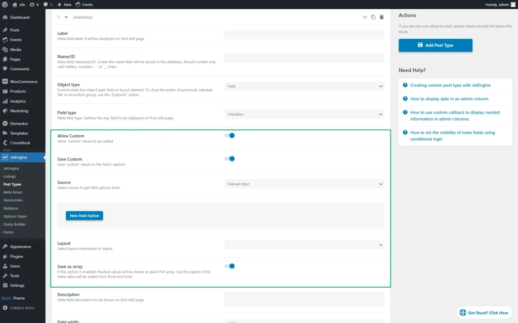 checkbox meta field settings