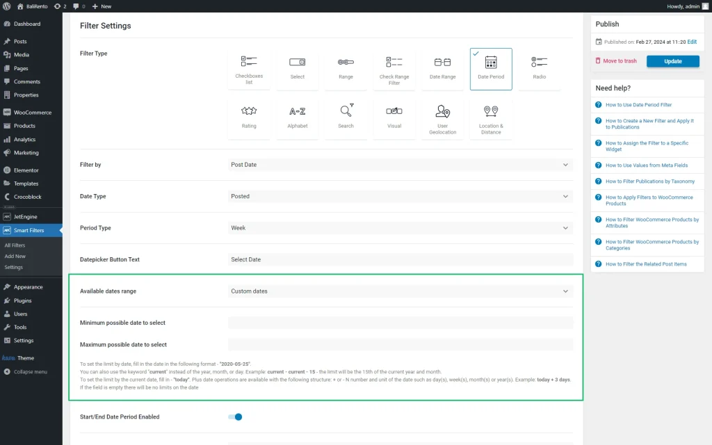 custom dates settings