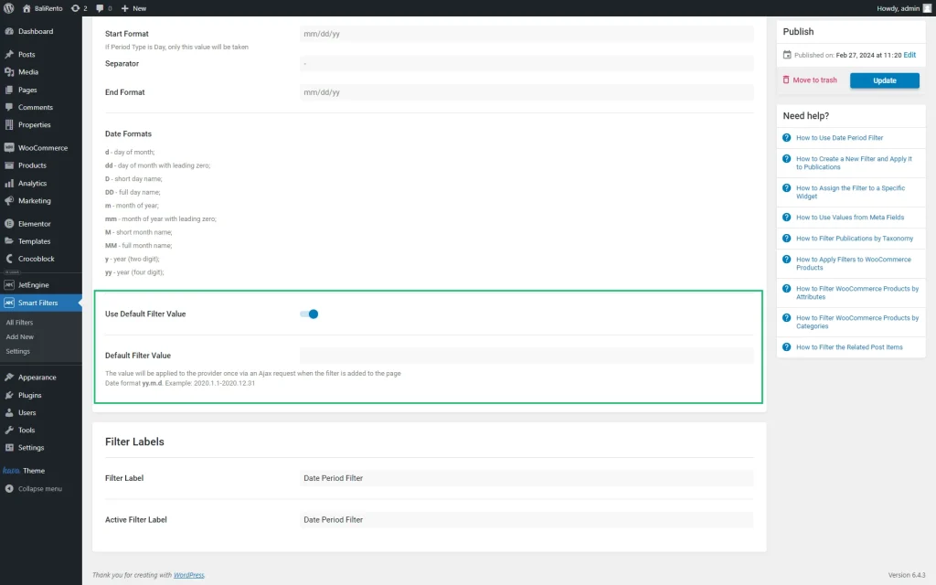 default filter value settings