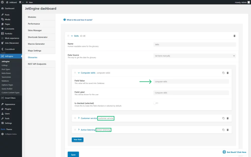 field value in the glossaries tab