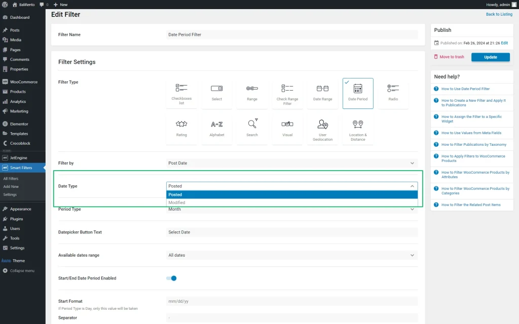 filter by post data setting of the jetsmartfilters plugin