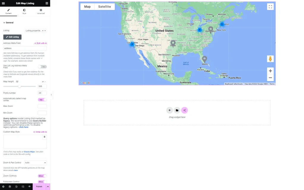 general map listing settings in elementor for google provider