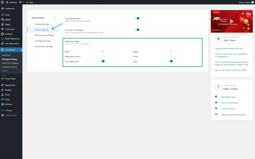 index post types section in the indexer settings