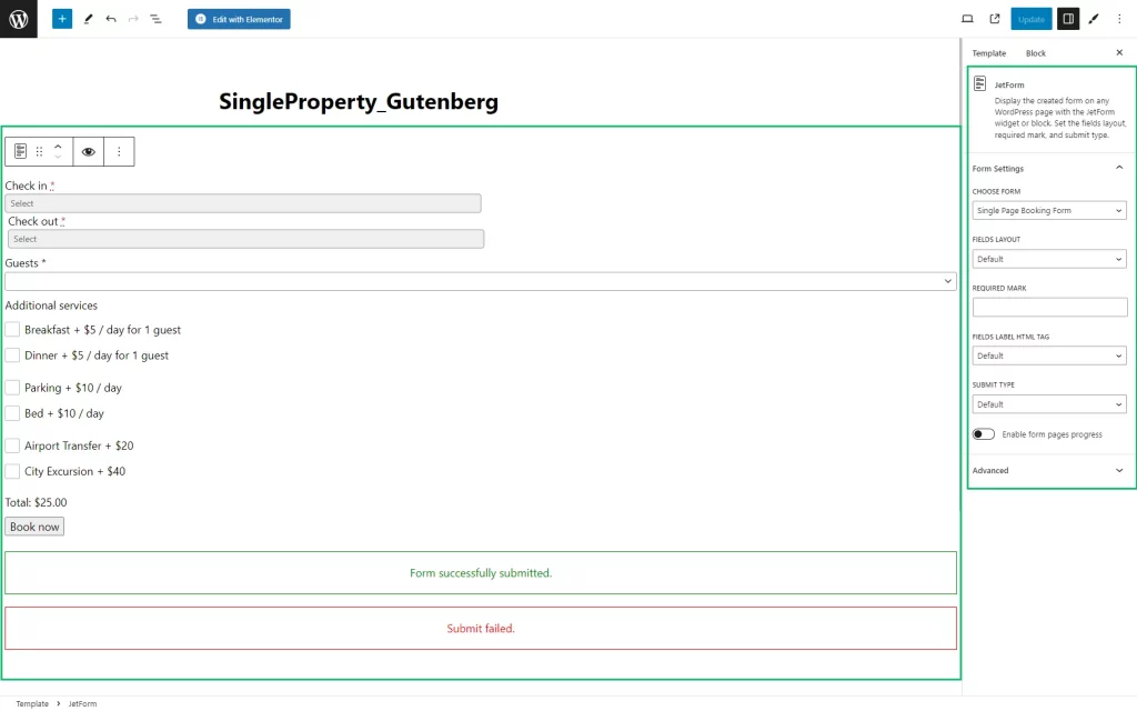 jetform on a single page added in block editor