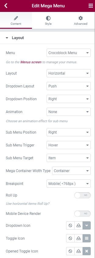 mega menu widget settings