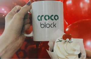 crocoblock logo on the mug 