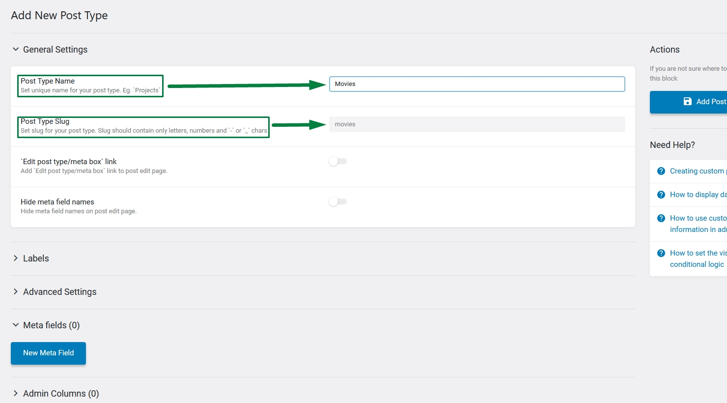 post type general settings