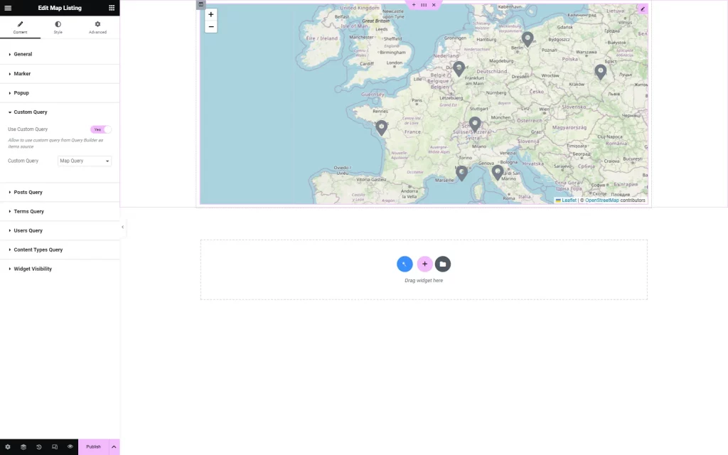 map listing custom query tab in elementor