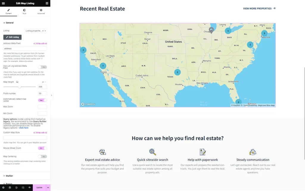 map listing widget in elementor