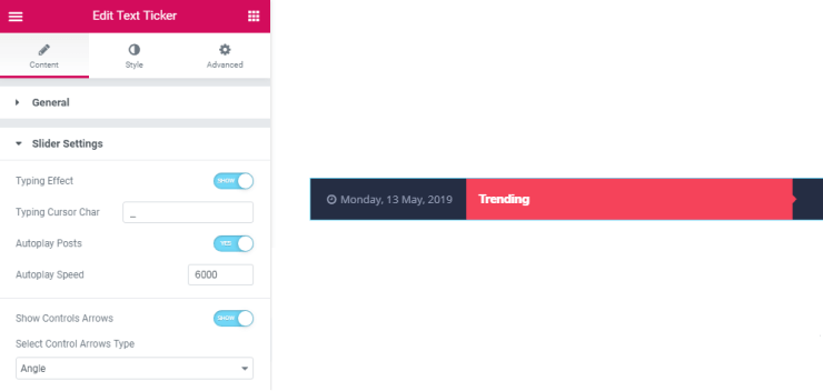 slider Settings in text ticker