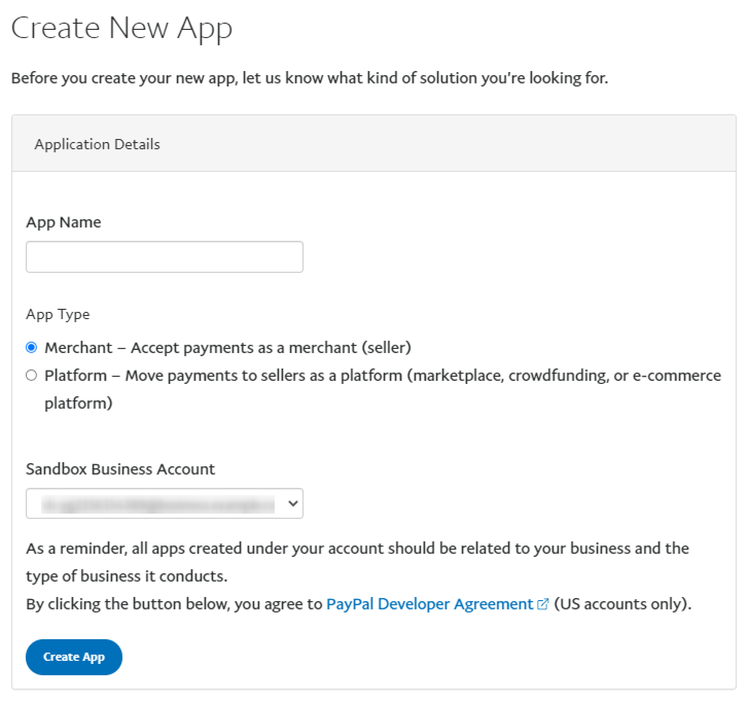 new app creation window on paypal developer site