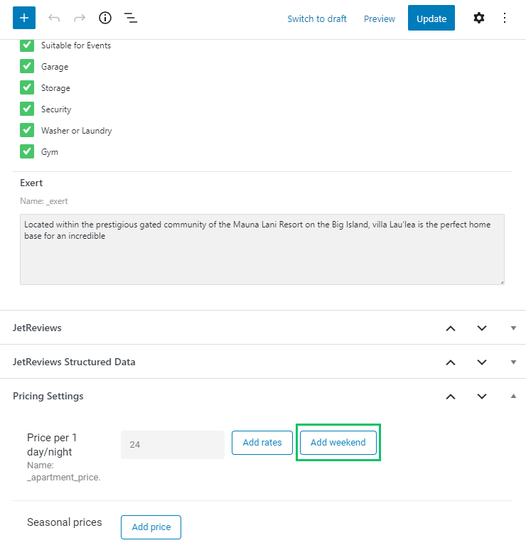 add weekend price for the wordpress booking