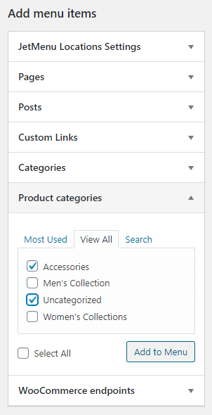 adding product categories to the menu
