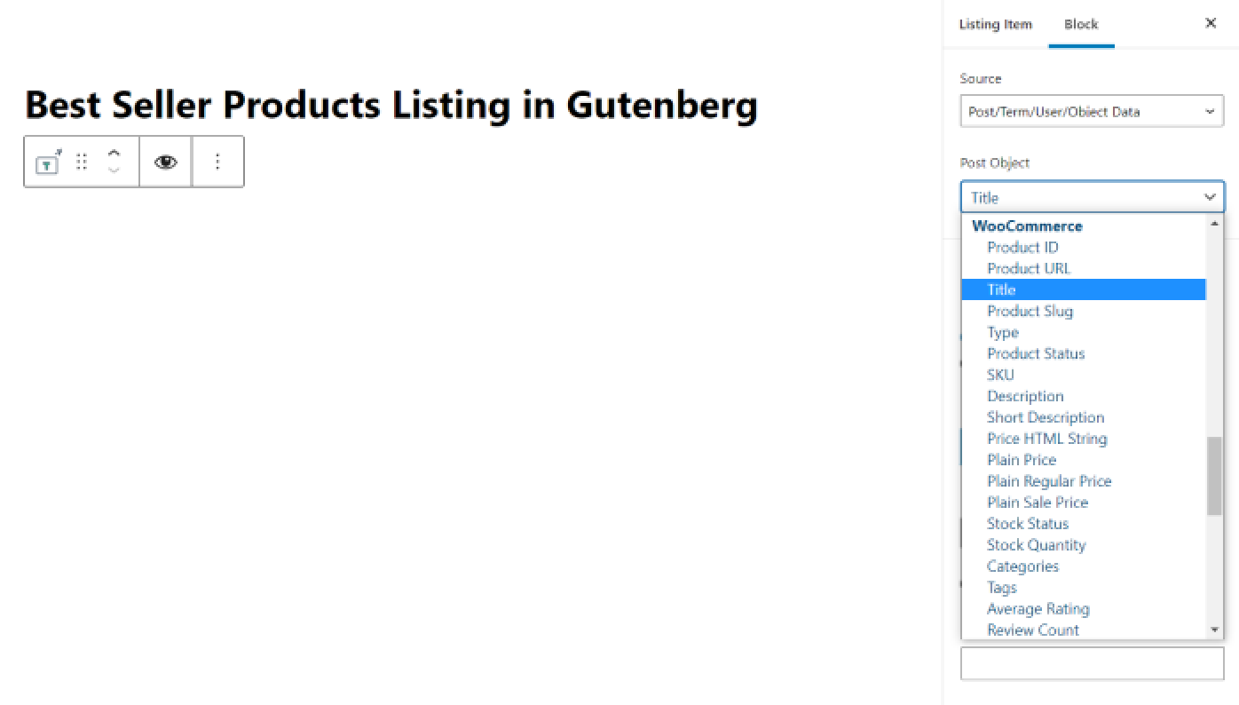 choosing source for dynamic field block in a wc product query listing