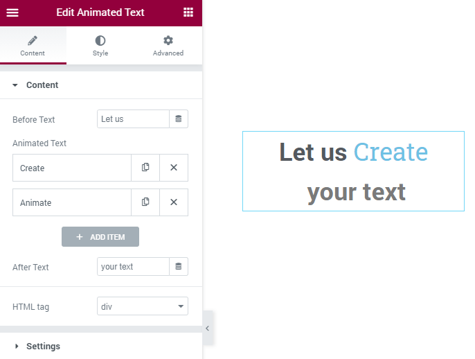 Animated Text Content settings section