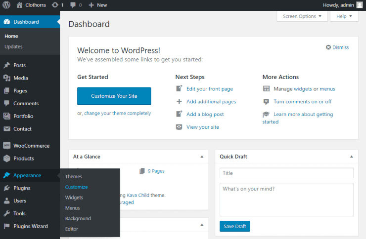 customizer in the Wp dashboard