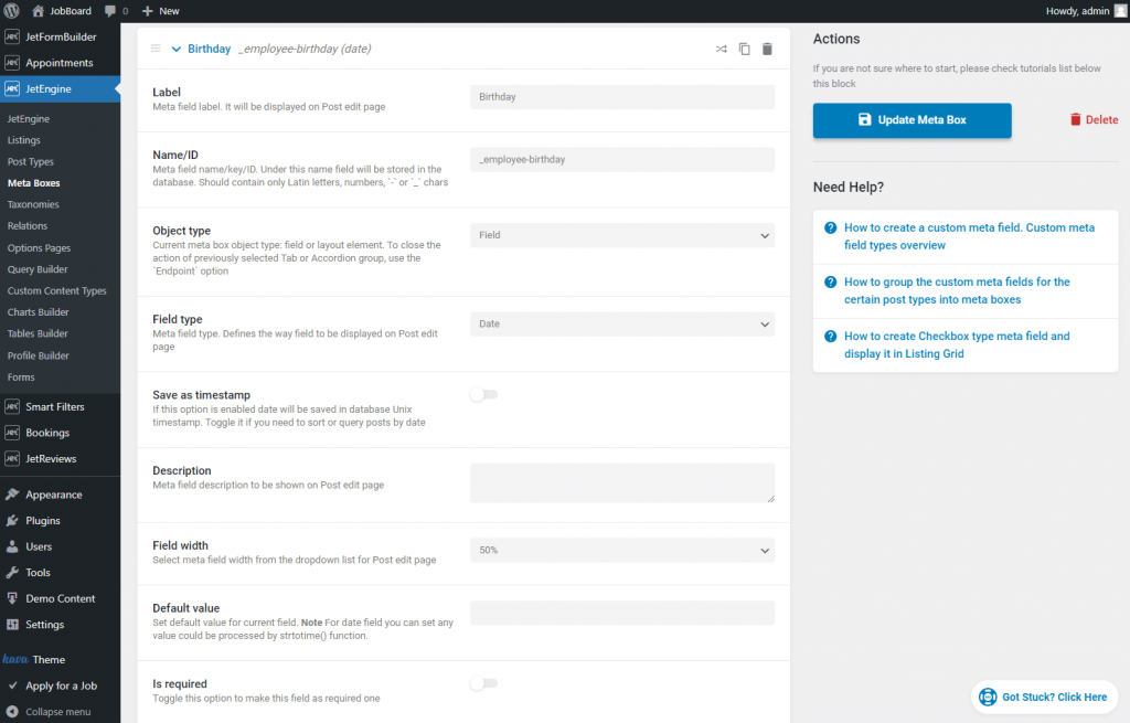 attach date meta field to users using meta box