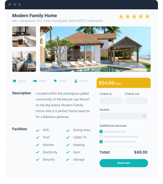 single housing page with a booking form on vacation rental website