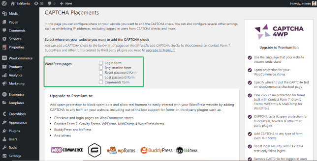 captcha 4wp plugin placement settings