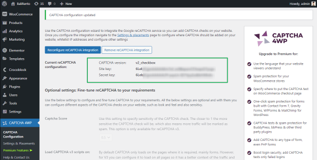 captcha 4wp plugin site keys added
