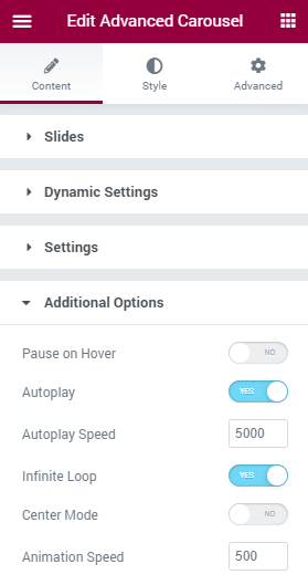 Advanced Carousel Additional Options section