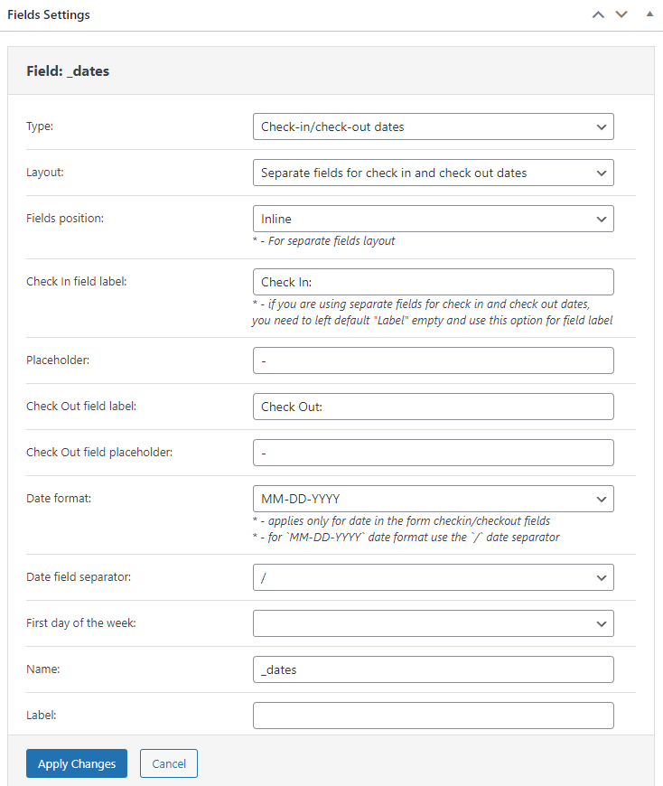 check-in check-out dates field for the booking form