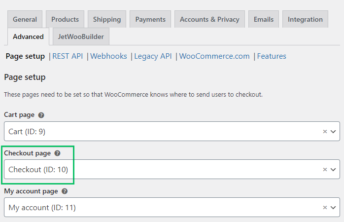 checkout page in the woocommerce advanced settings