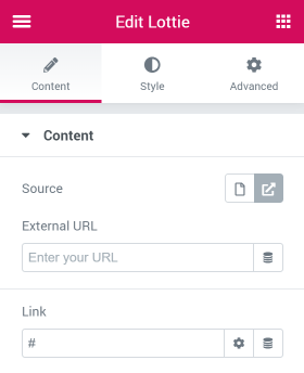 Lottie widget Content settings