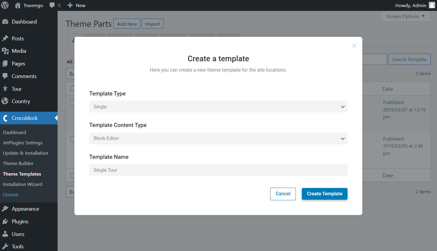 create a template popup