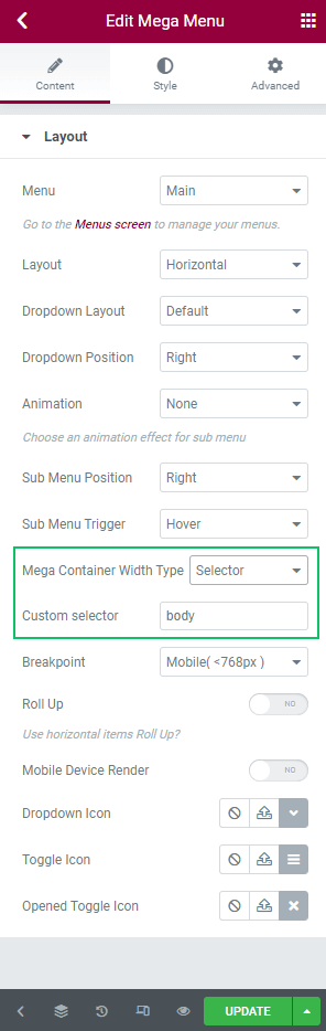 edit mega menu widget