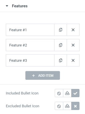 Pricing Table features settings