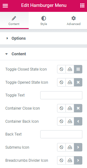 hamburger menu content settings