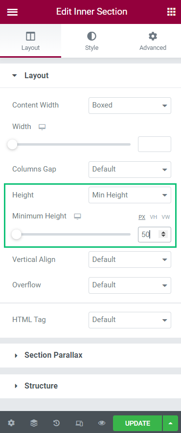 inner section minimum height