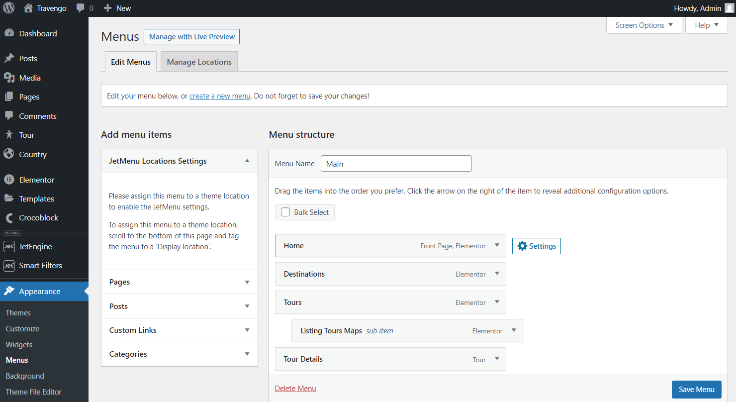 menus settings in dashboard