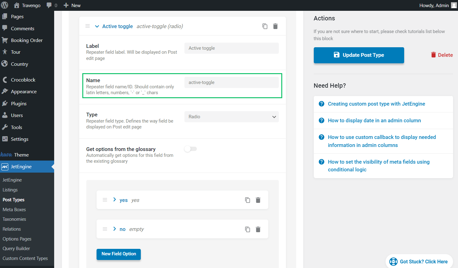 name field in the active toggle meta field settings