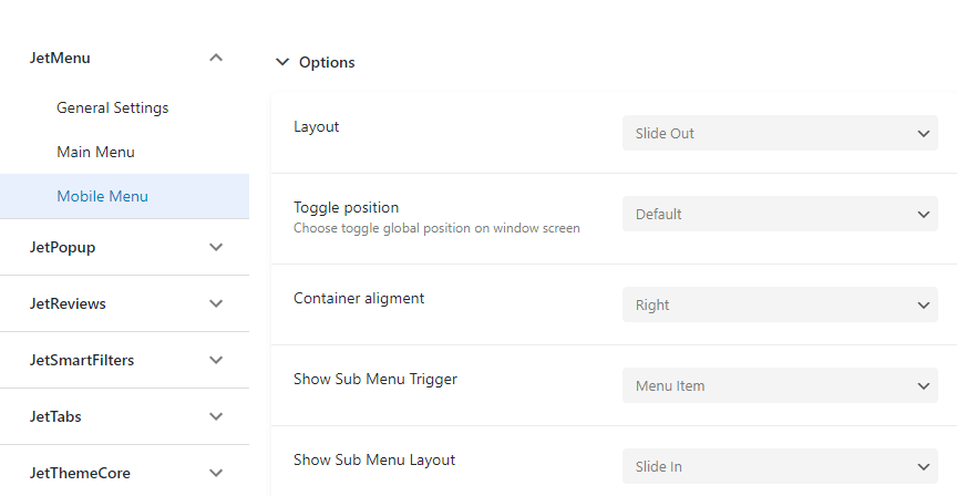 jetmenu mobile menu options