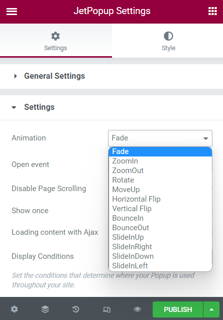 popup animation settings