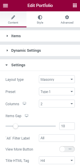 Portfolio widget Settings section