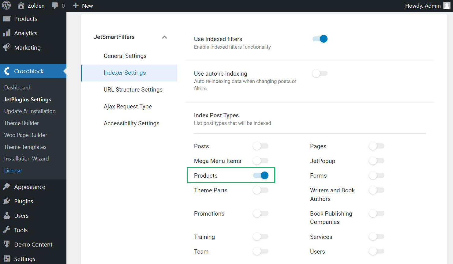 products indexer toggle