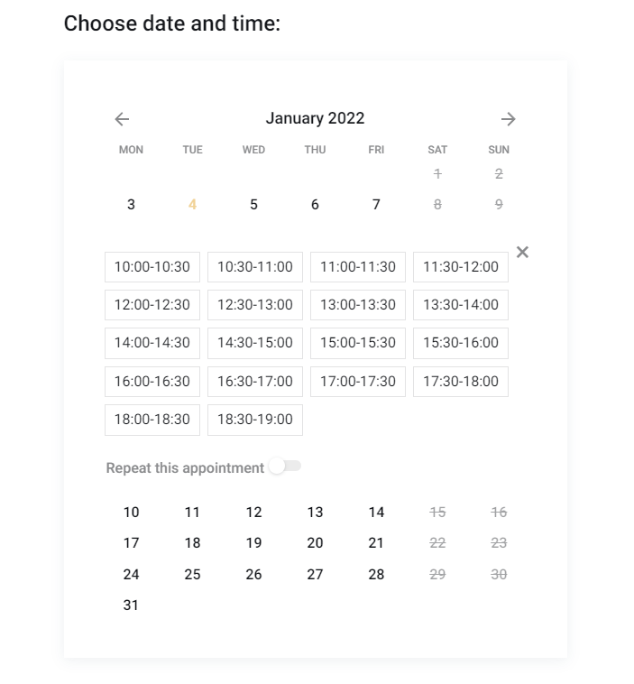 appointment form on the front end