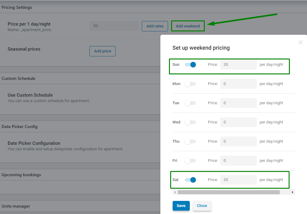 weekend pricing settings