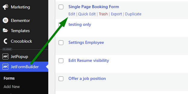 edit button next to the jetformbuilder form