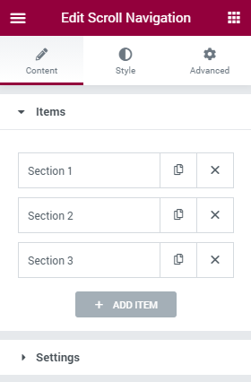 Scroll Navigation Items settings