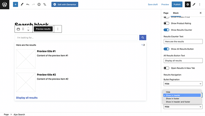 AJAX search block settings