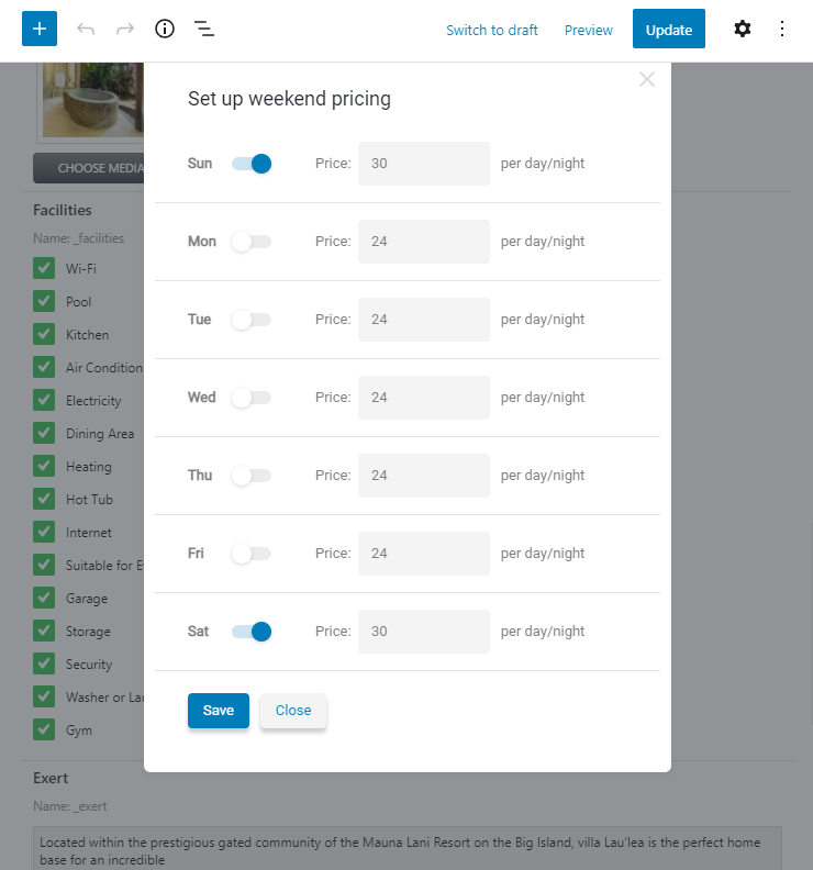 set up weekend pricing