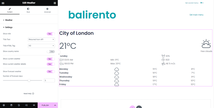 settings tab of weather widgets