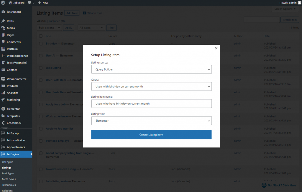 setup listing item with the query builder source