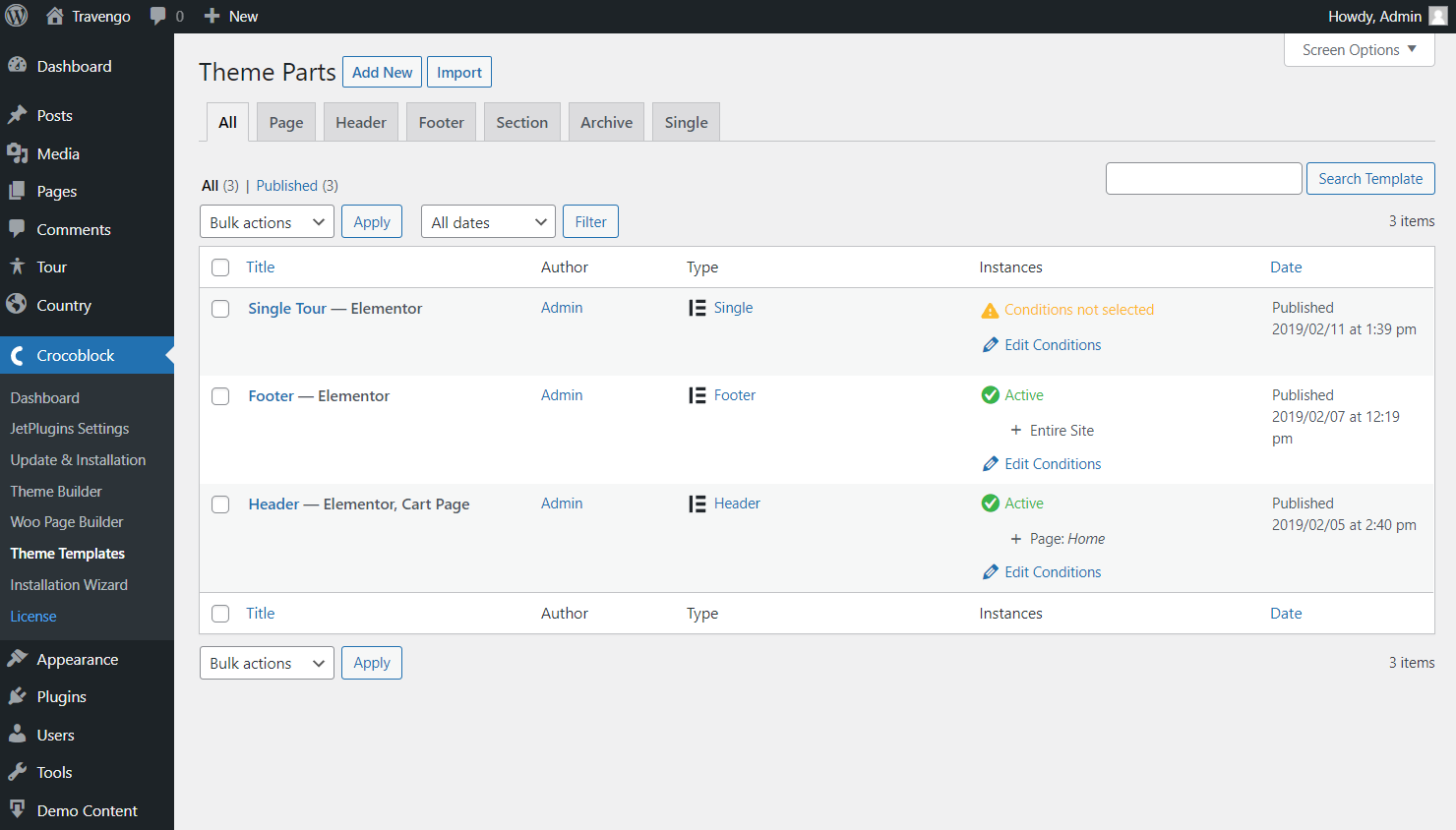 single page built with elementor edit conditions button