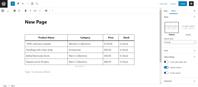 static wordpress table block settings